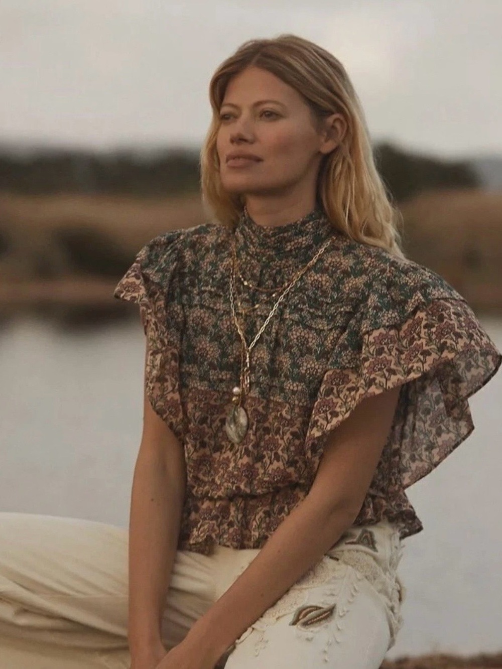 LET ME BE x ANTHROPOLOGIE High-Neck Printed Peasant Blouse Green Motif Size S